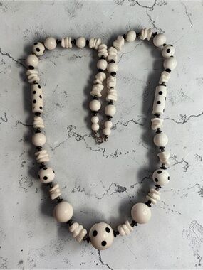 Vintage White and Black Polka Dot Beaded Necklace